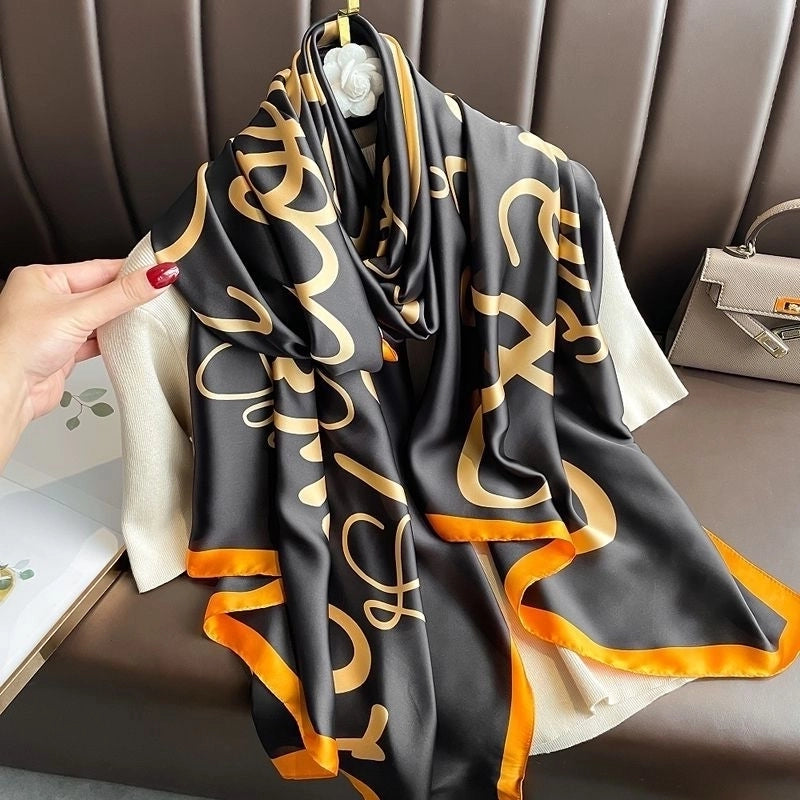 Women’s Fashion Letter Plaid Satin Printing Silk Scarves