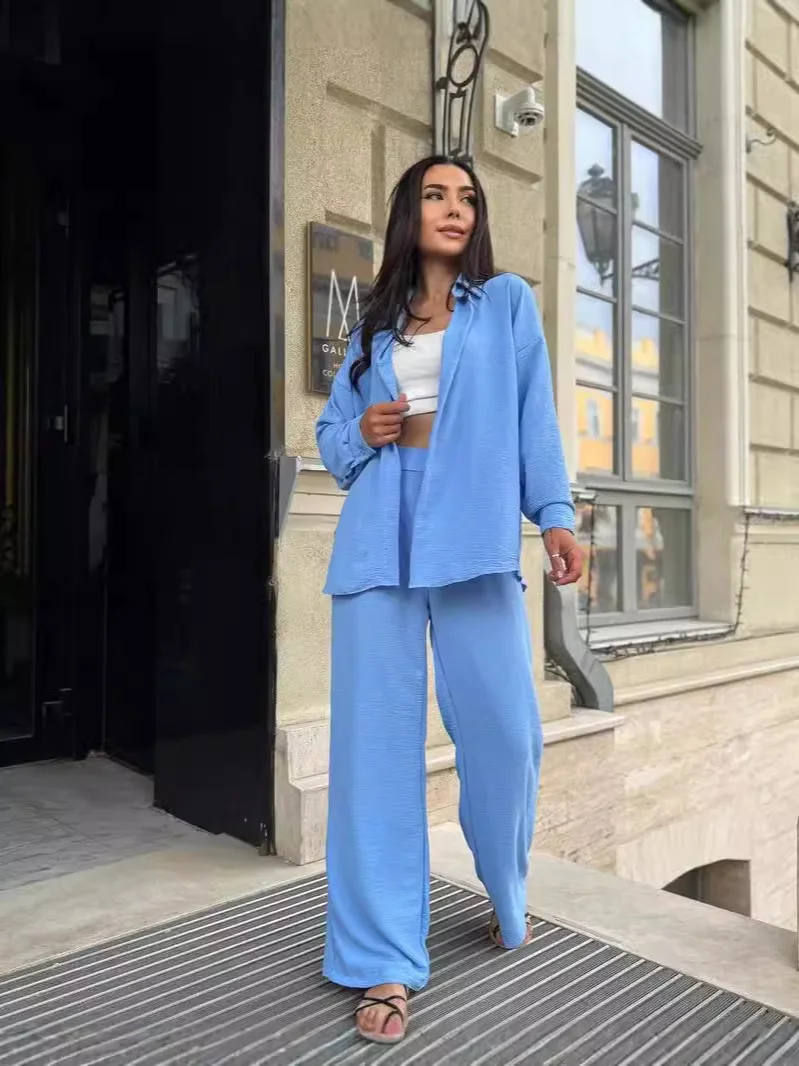 Churchf Churchf New Autumn Solid Color Lapel Long Sleeve Shirt Jacket Casual Pants Set