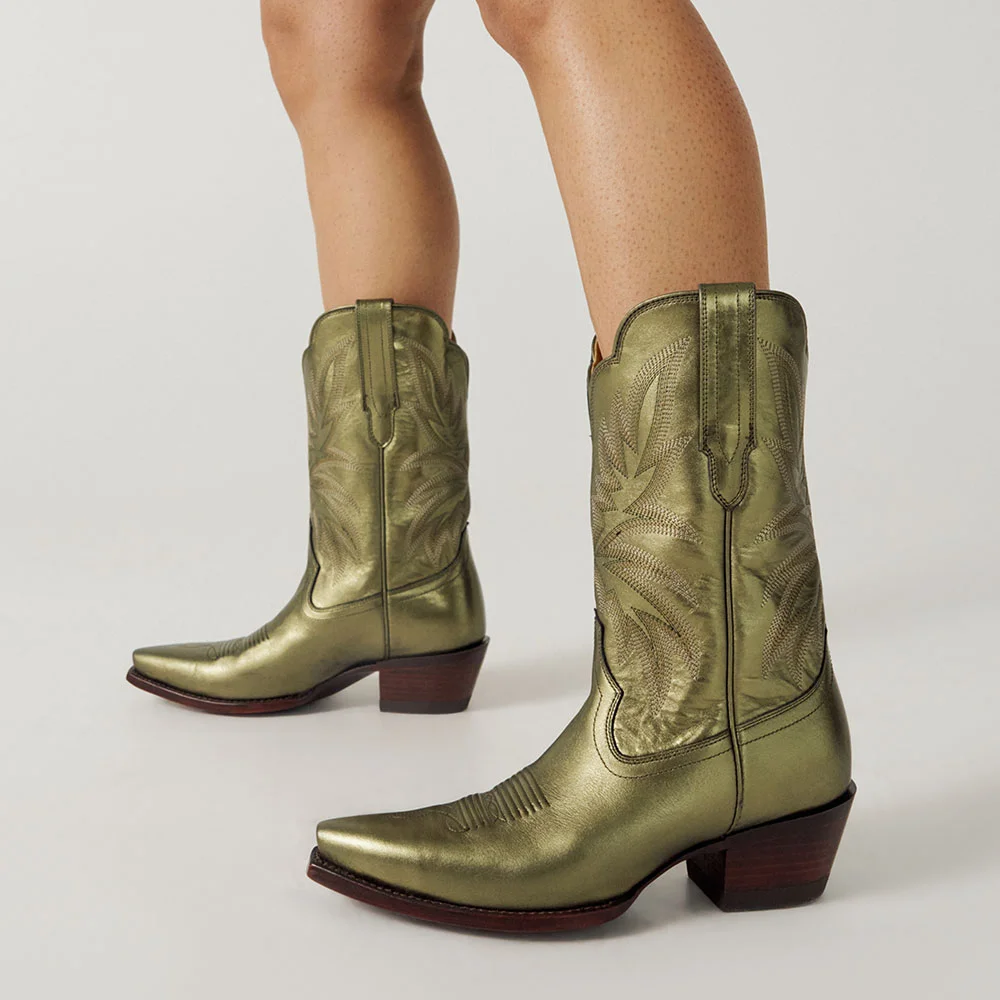 Metallic Olive Snip Toe Mid Calf Embroidered Cowboy Boots for Women