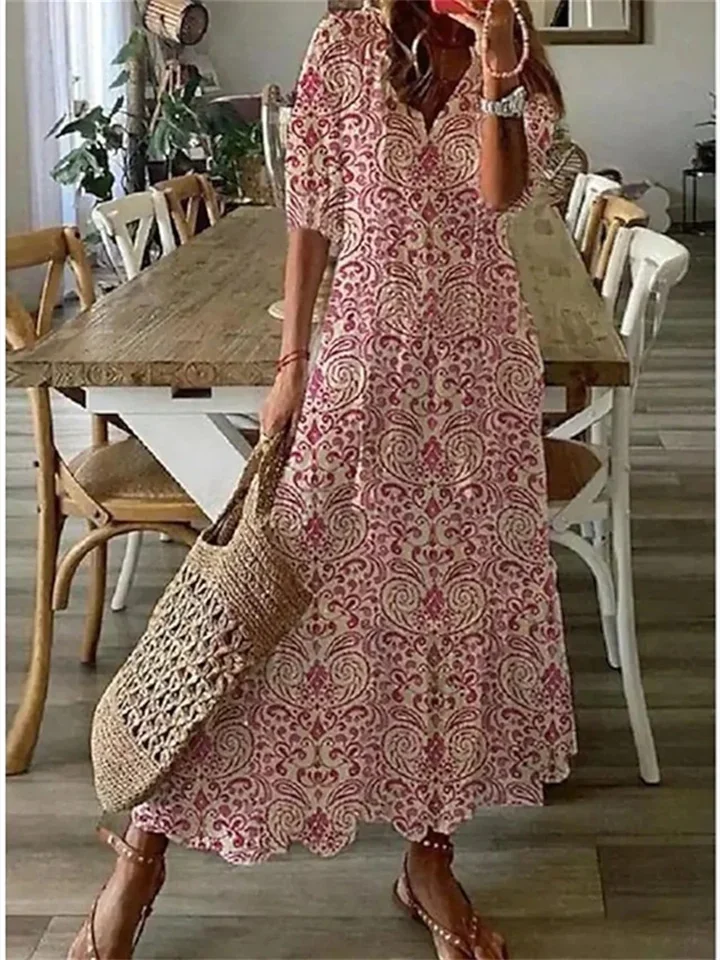 Women's Shift Dress Maxi Dress half Sleeve Floral Print Summer Fall V Neck Casual Geometric Printed Dress