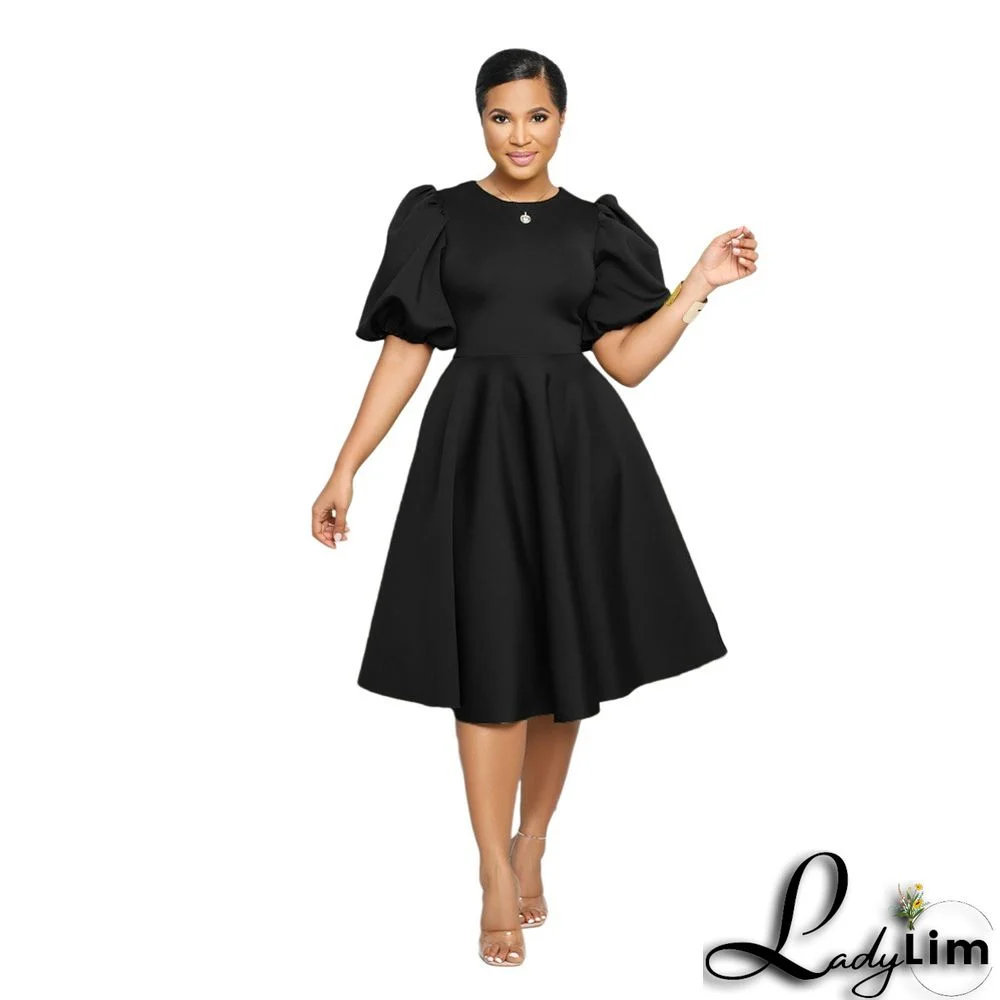 Round Neck Chic Puff Sleeve Slim Waist Swing A-Line Dress