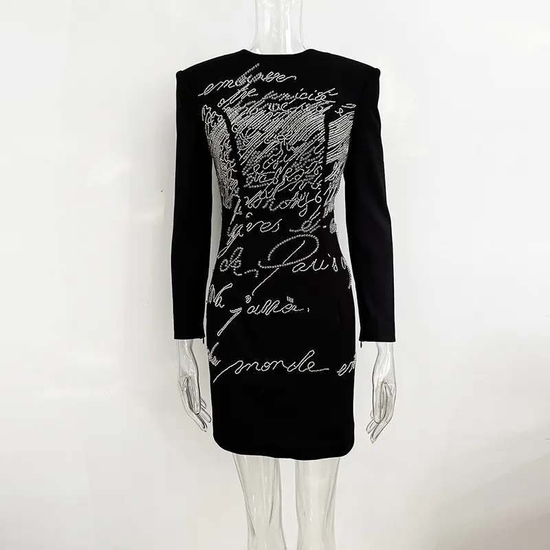 Nigikala Nigikala Star High Street Fashion Heavy Industry Letter Nail Beads Drill Body Elastic Long Sleeve Dress