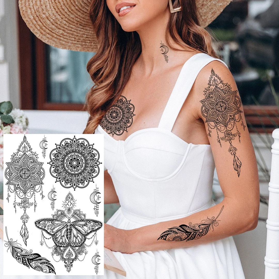 Black Mandala Flower Temporary Tattoos Sticker For Women Sexy Fake Jewelry Chains Tatoos Washable Henna Ganesha Tattoo Pendants