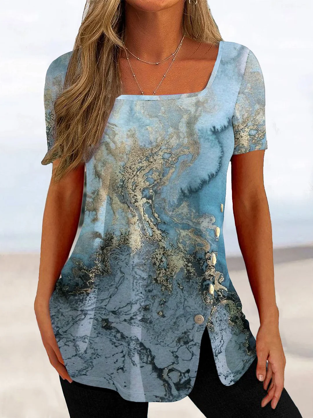 Women's Weekend Daily Casual Sea Short Sleeve Square Neck Printed Top Button Tunic T-Shirt