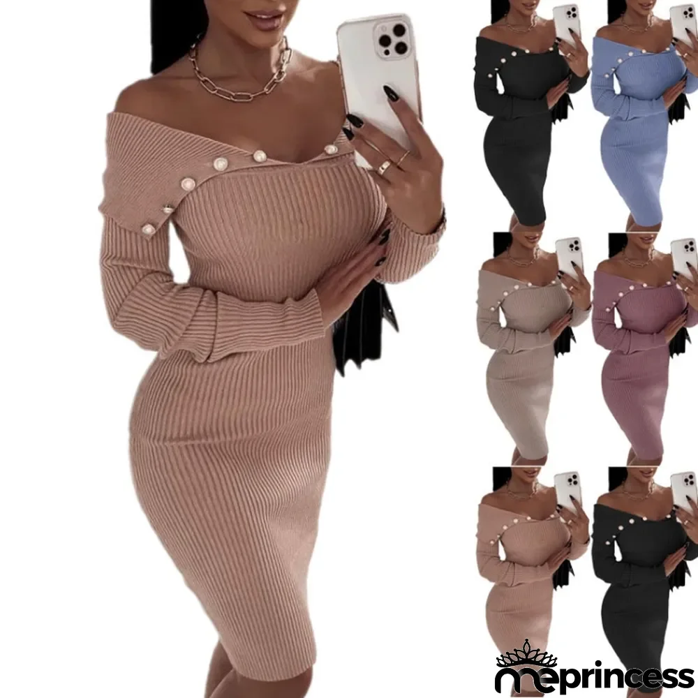 Winter Pink Knitting V-Neck Open Shoulder Sexy Club Dress