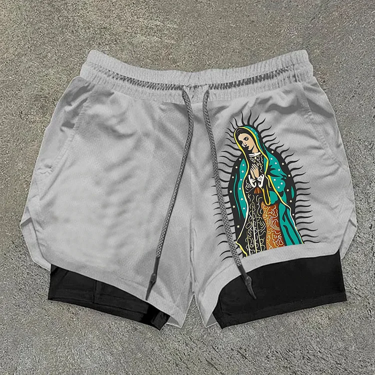 Casual Virgin Mary Print Graphics Drawstring Double Layer Shorts SOPULA