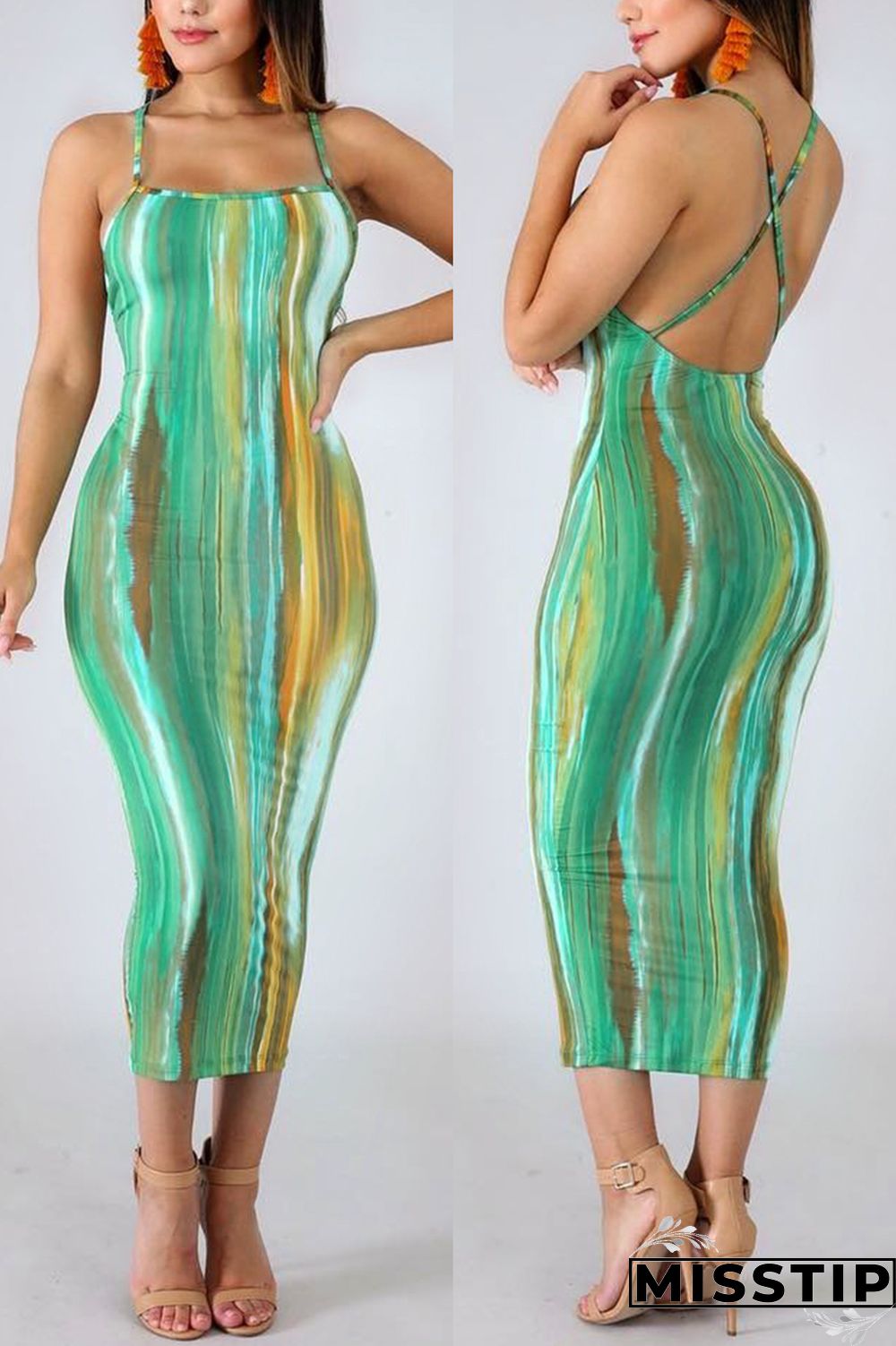 Green Sexy Fashion Print Strap Dress