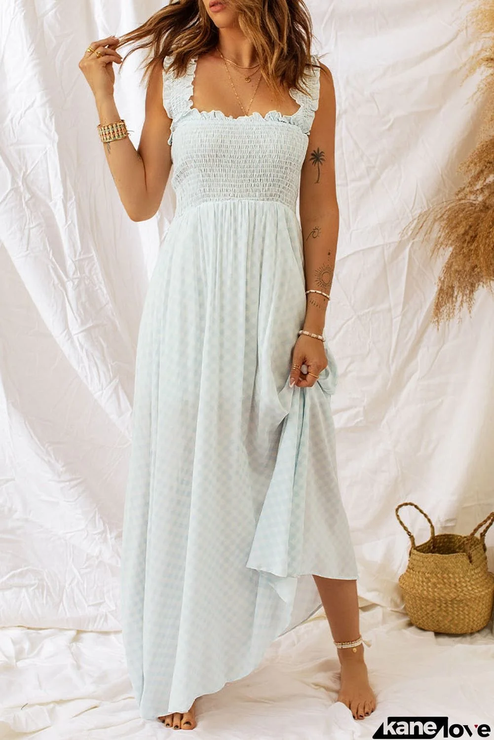 Beige Ruffled Straps Smocked Bodice Maxi Dress