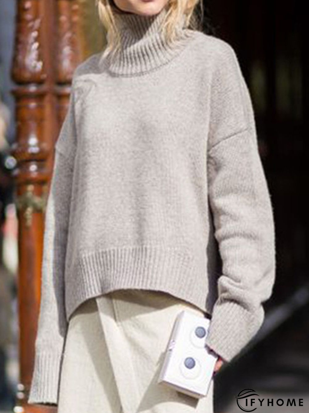 High Neck Solid Simple Off Shoulder Sweater | IFYHOME