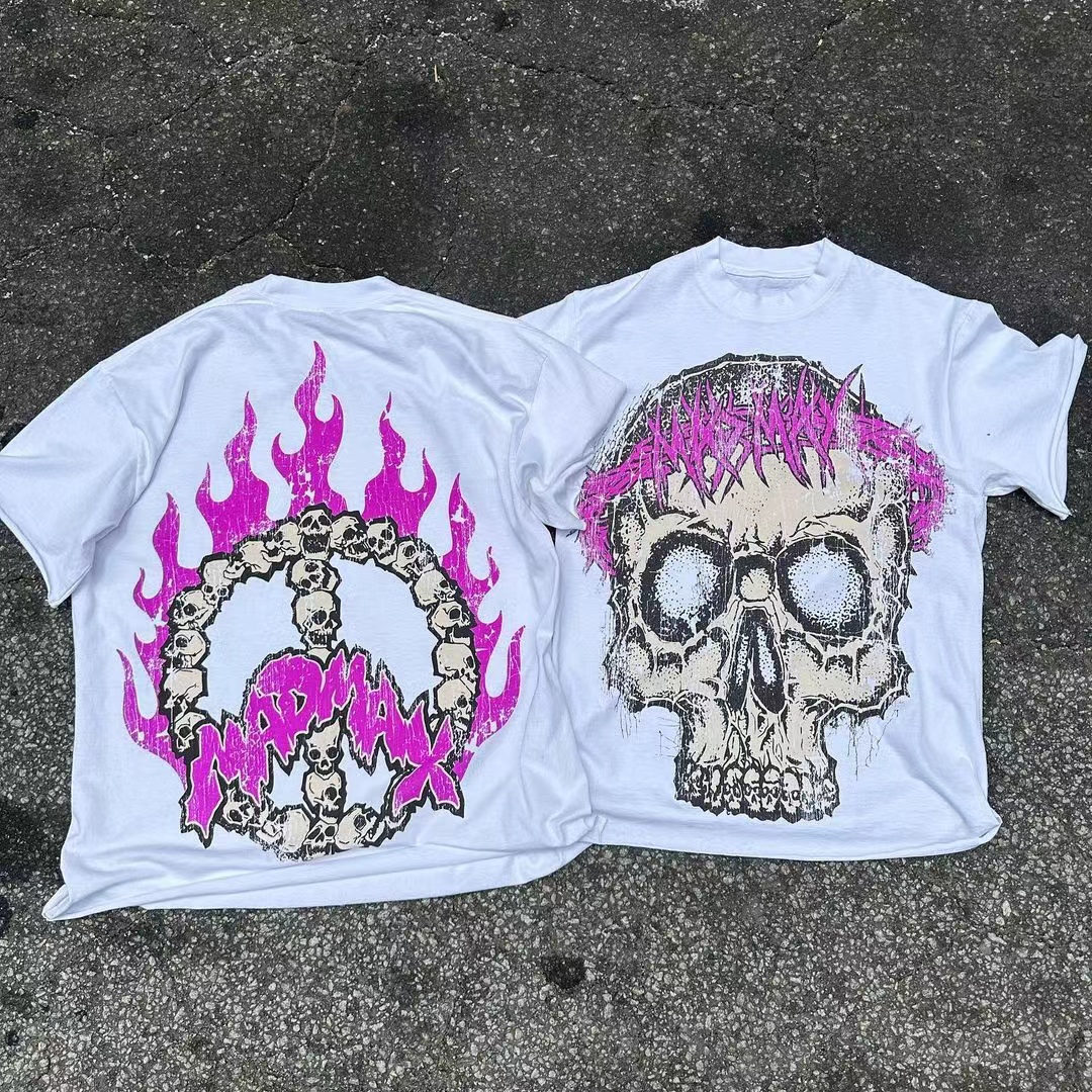 Peace Sign Flame Skull Graphic Oversized Cotton Unisex T-Shirt