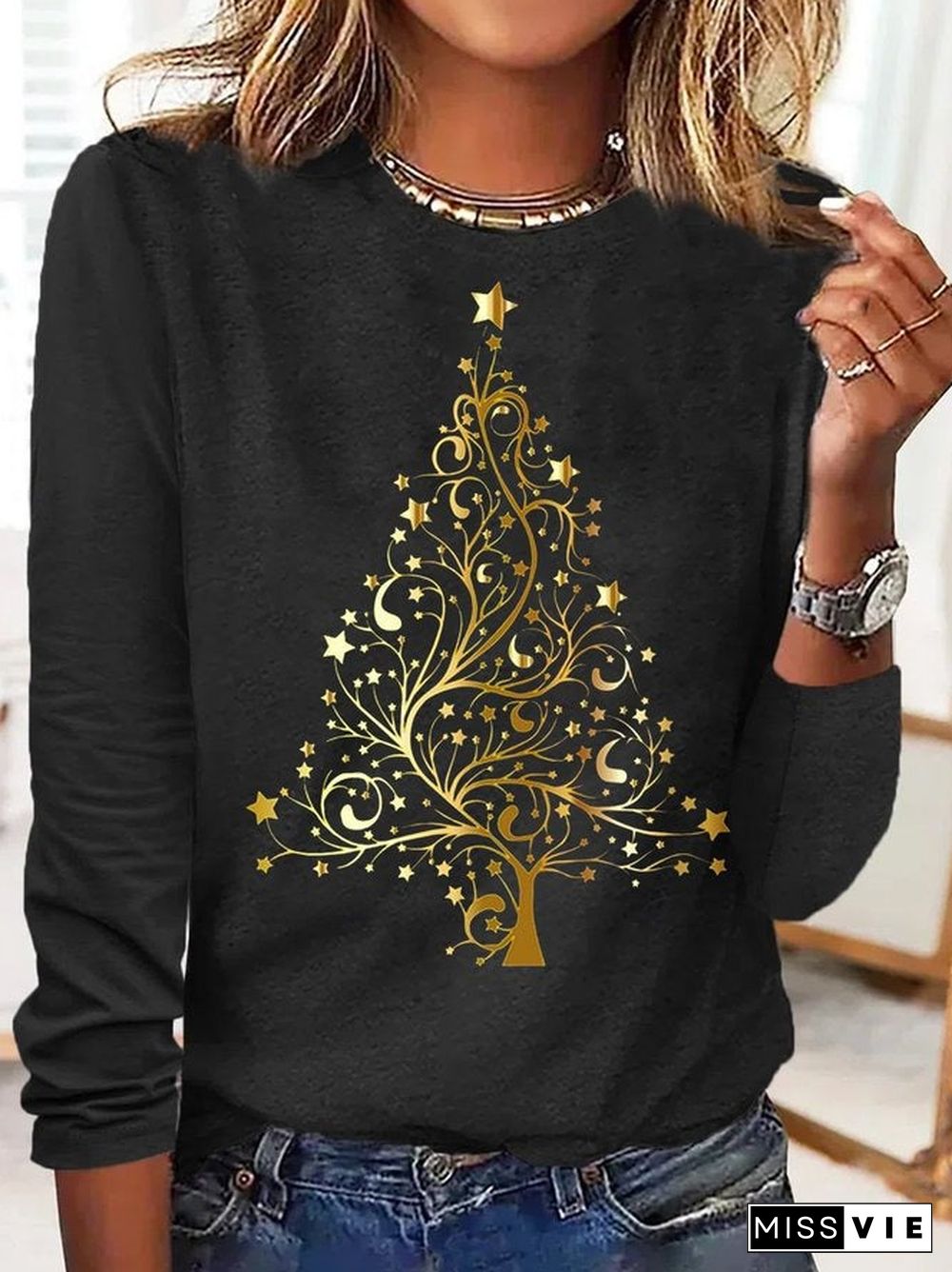 Black Long Sleeve Round Neck Print Top