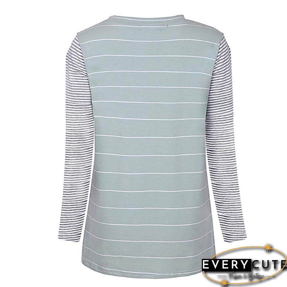 Light Green Striped Contrast Color Long Sleeve T-Shirt with Pocket