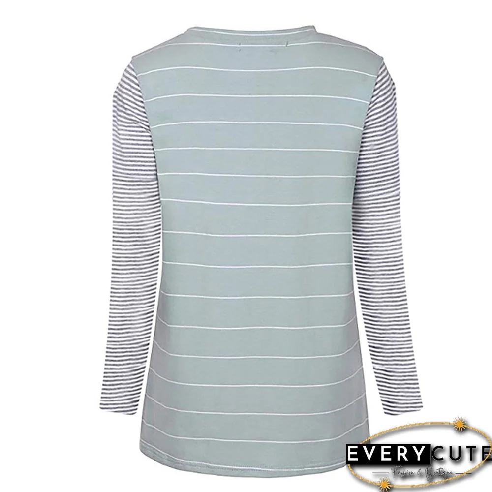 Light Green Striped Contrast Color Long Sleeve T-Shirt with Pocket