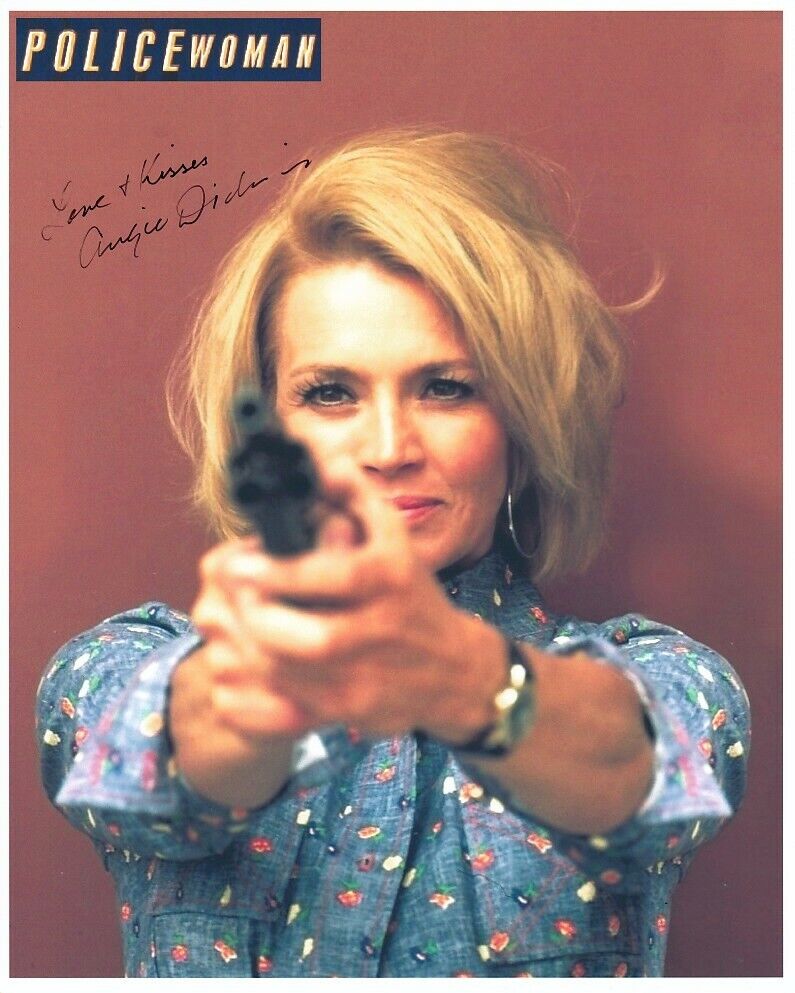 ANGIE DICKINSON signed POLICE WOMAN color 8x10 w/ coa STUNNING CLOSEUP WITH GUN