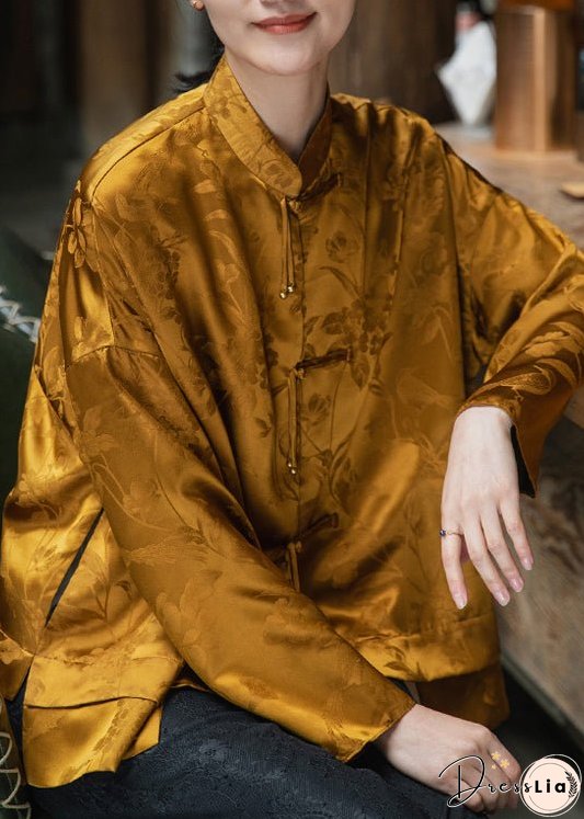 Vintage Yellow Mandarin Collar Button asymmetrical design Jacquard Silk Top Long sleeve