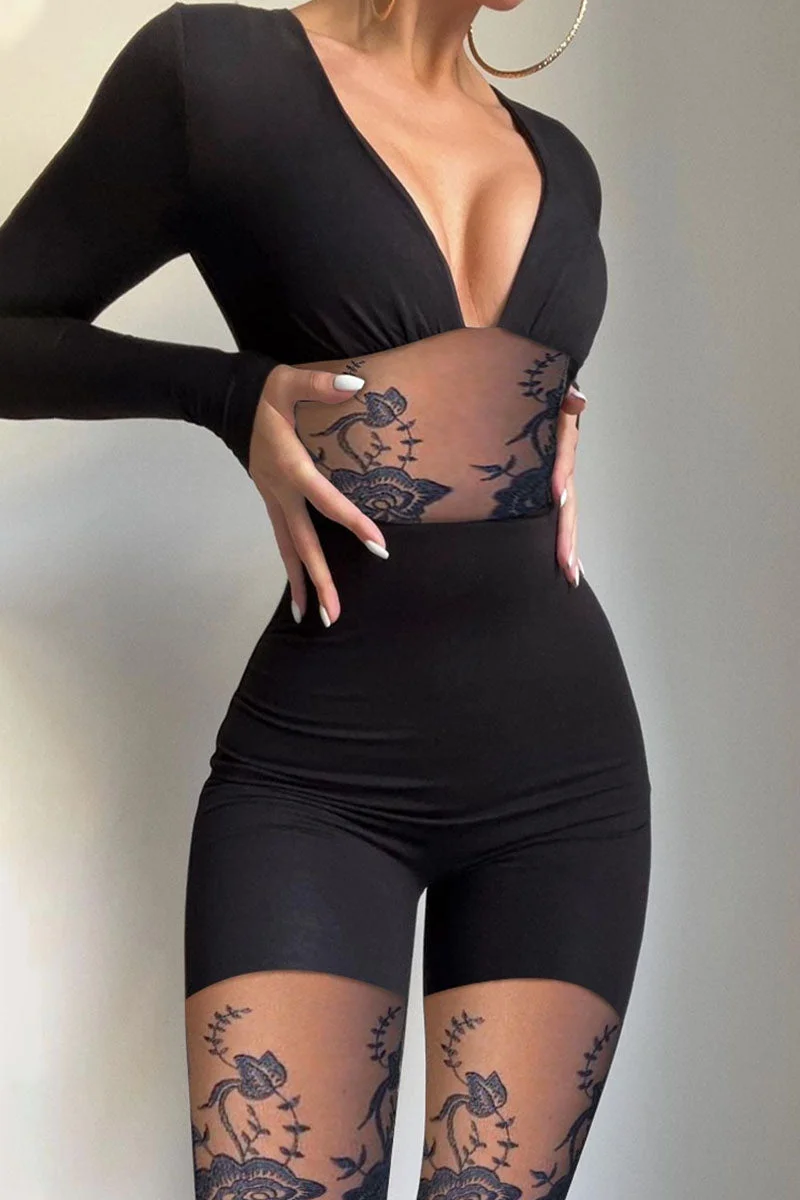 Sexy Solid Lace Split Joint See-through V Neck Regular Jumpsuits