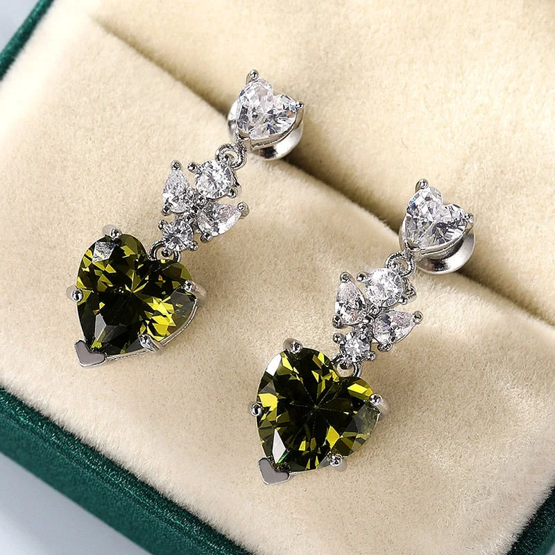 Huitan Unique Olive-green Heart Drop Earrings Women Cubic Zirconia Bridal Wedding Engagement Accessories New Trendy Jewelry 2021