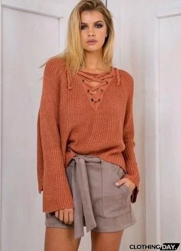 V Neck Solid Color Long Sleeve Knit Sweater