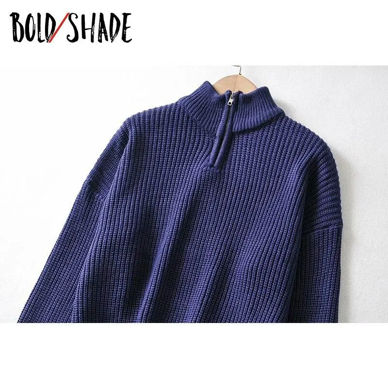 Bold Shade 90s Fashion Grunge Sweater Mock Neck Zipper Knit Pullovers Women Streetwear Solid Sweaters Fall Winter Indie Outfits
