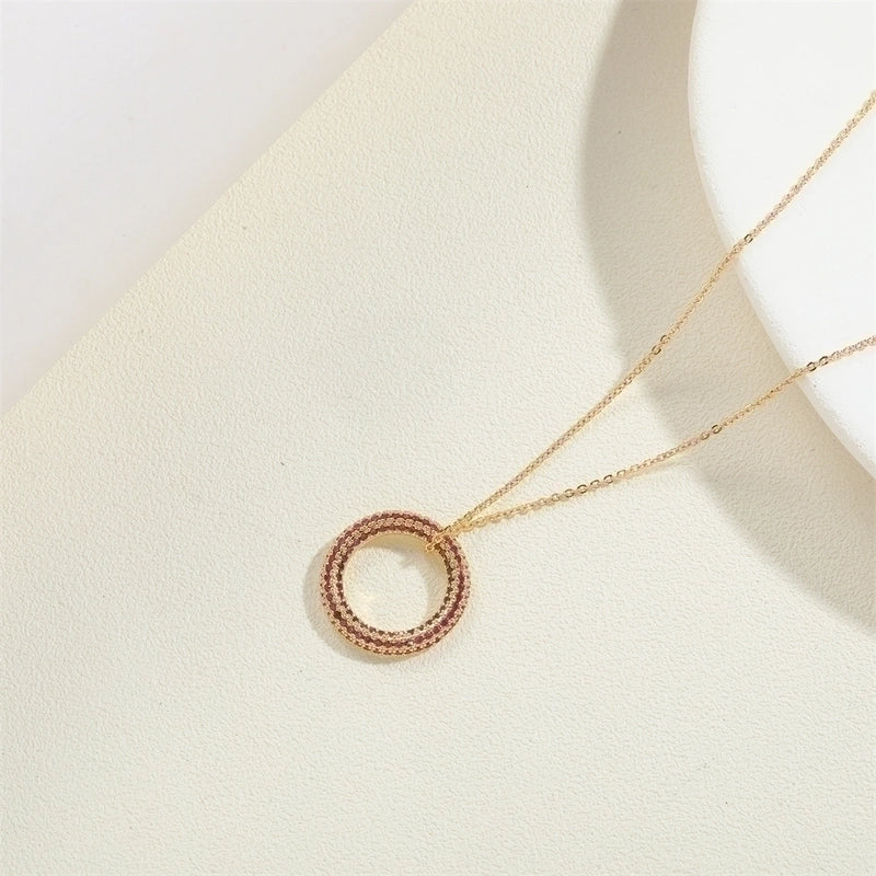 Copper 14K Gold Plated White Gold Plated Minimalist Circle Inlay Zircon Pendant Necklace