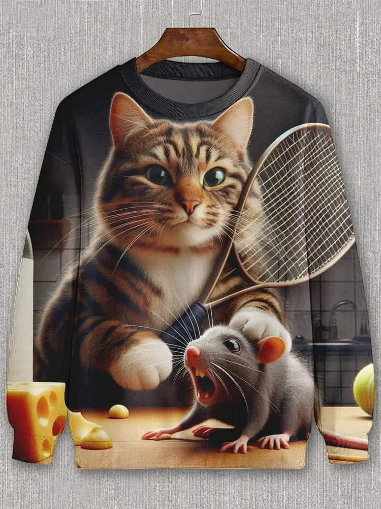 Men's Cat Sees Mouse Stealing Cheese Art Print Casual Sweatshirt