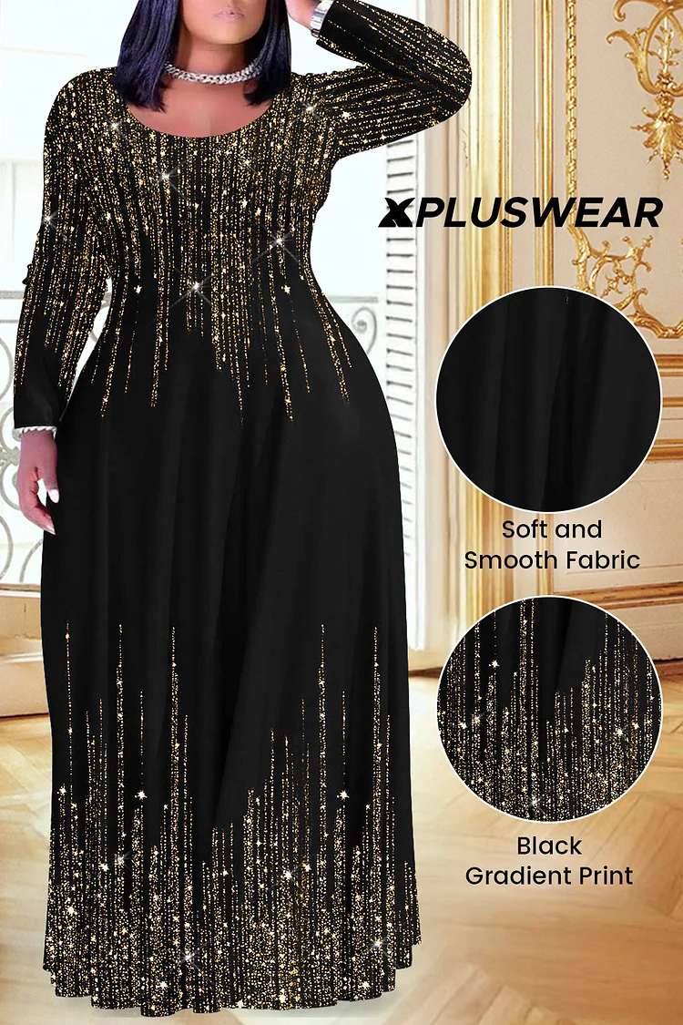 Xpluswear Design Plus Size Christmas Black Gradient Round Neck Long Sleeve Maxi Dresses
