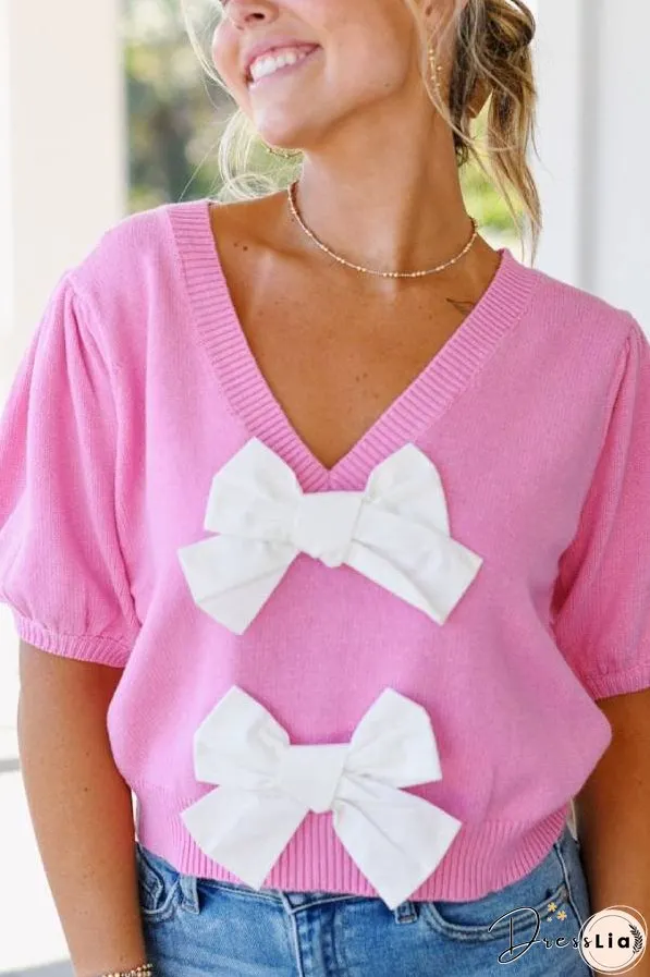 V-Neck Short-Sleeved Double Bow Solid Color Sweater