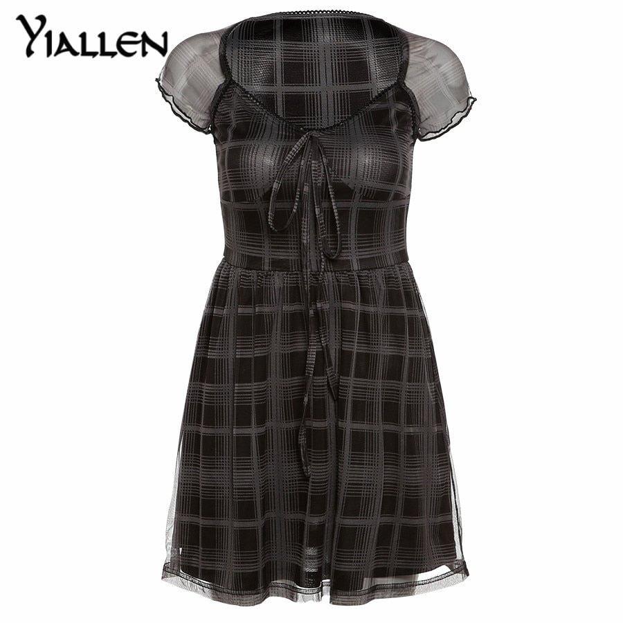 Yiallen Gothic Plaid Black Lace Up Women Dress Harajuku Short Sleeve A Line Party Sexy Mini Dress Summer Fashion Streetwear 2021