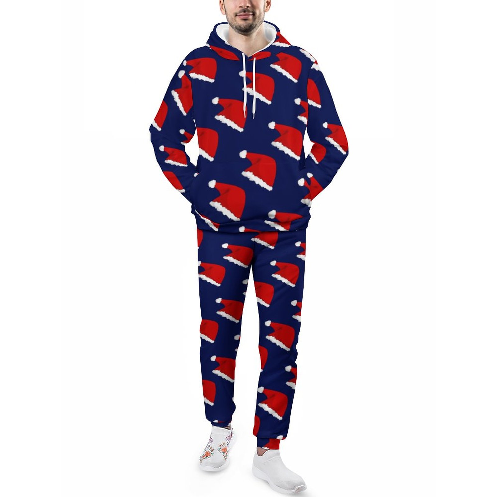 Cute Christmas Red Santa Hat Pattern Blue Men's Sweatsuits Set Casual Athletic Pullover And Sweatpants Suit Outfit