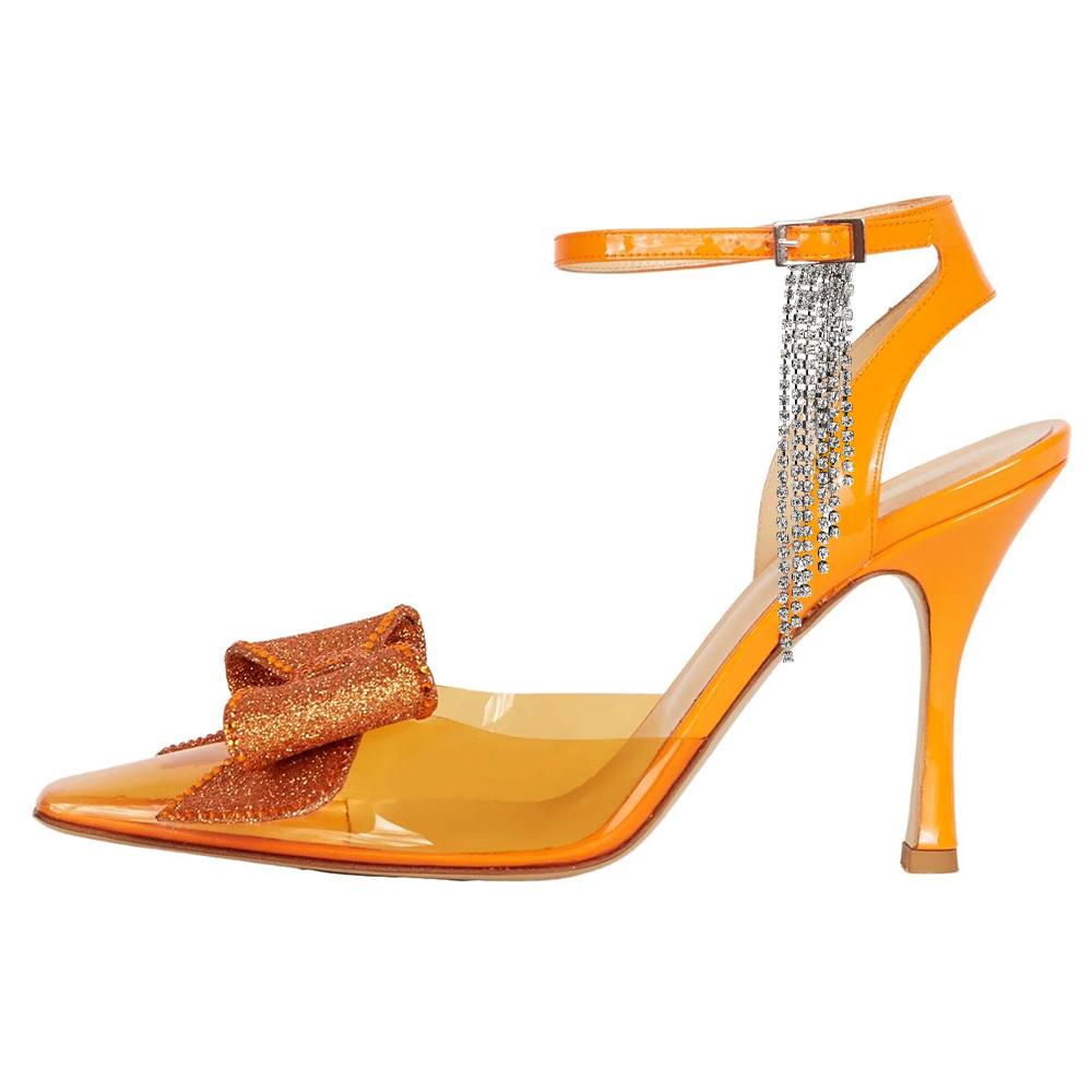 Orange PVC Pointed Toe Stiletto Heel Ankle Strap Sandals with Bow Nicepairs