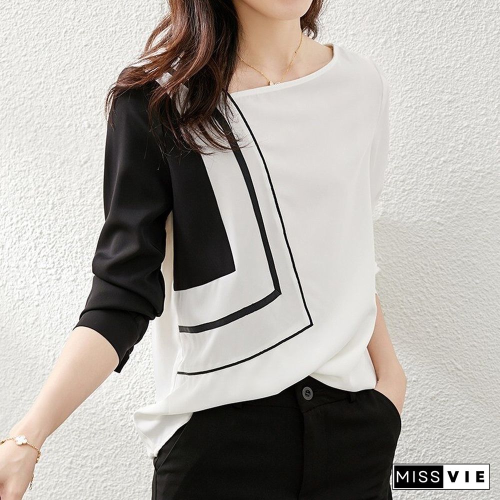 Casual Korean Style Long Sleeve Loose Shirt Diagonal Collar Office Ladies Chiffon Shirt Print Ladies Fashion Patchwork T Origin