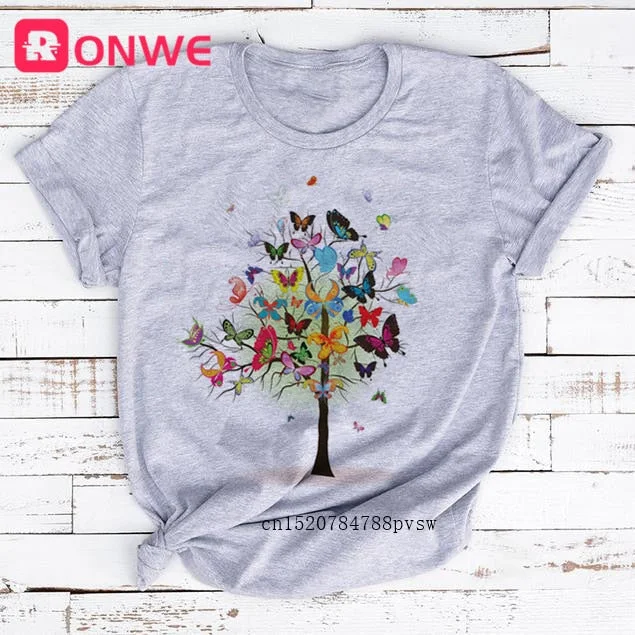 3D Butterfly Tree Print Women T-shirt Summer Casual 90s Harajuku Funny Tshirt Female Soft Short Sleeve Tops,Drop Shipping