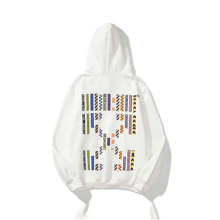 Off White Hoodie Autumn And Winter Colorful Stripes Logo Arrow Pattern Velvet Padded Hooded Sweatshirt
