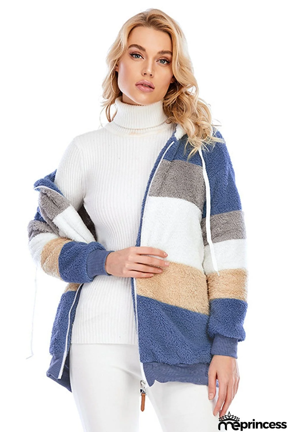Colorblock Zip Up Sherpa Coat with Hooded