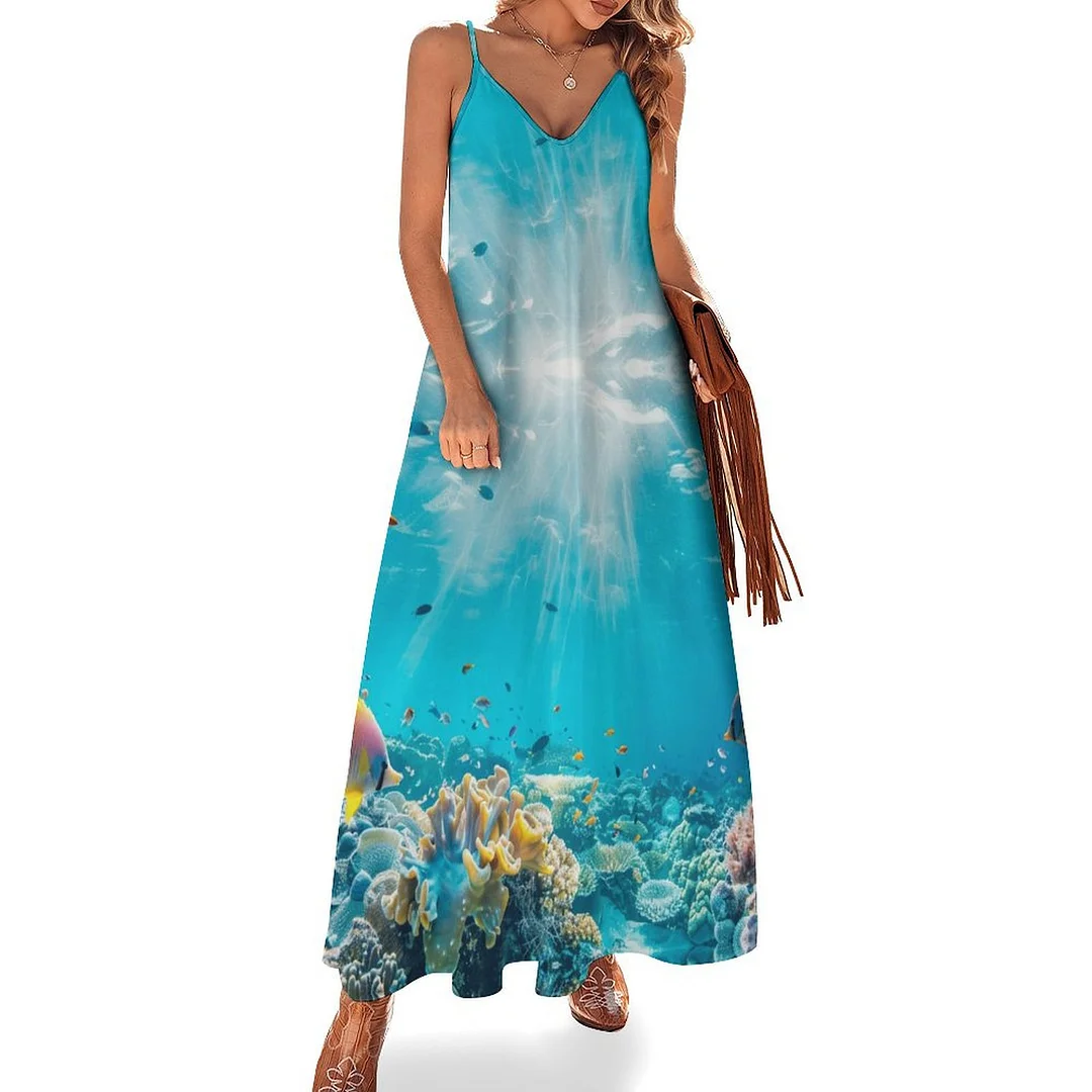 Style & Comfort for Mature Women Plus Size Printed Sling Casual Women Maxi Dress in Pattern Ocean, Blue, Sea, Fish