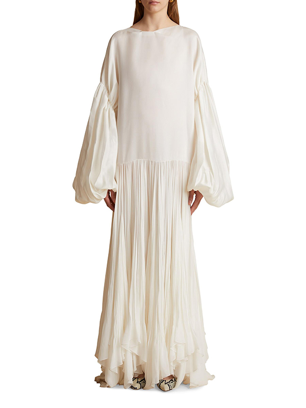 Loose Tiered Blouson Sleeves Pleated Maxi Dress