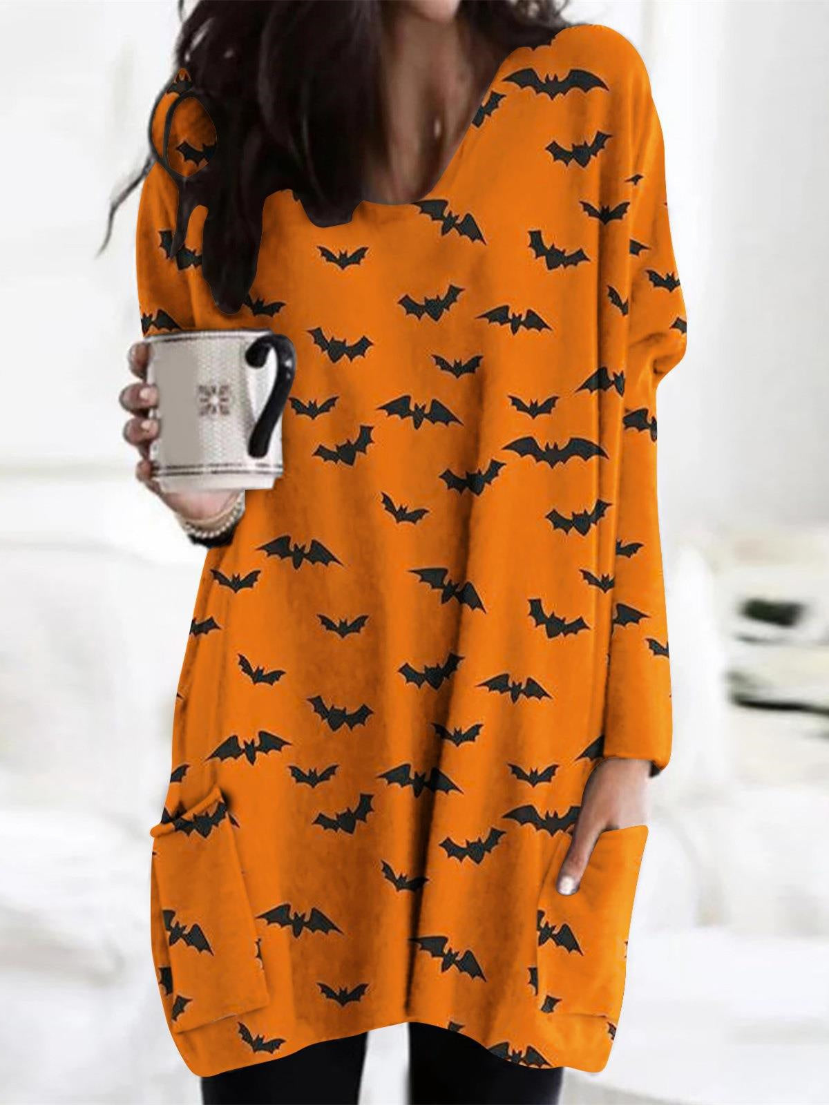 Women's  Halloween Graphic Printed V-Neck Long Sleeve Maxi Dress