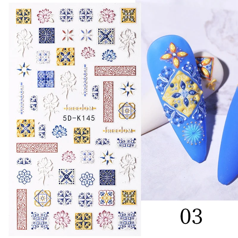 1PC French 5D Nail Sticker Embossed Flower Bubble Pattern Self-Adhesive Slider Wedding Design Nails Decals Nail Art Decoration-Nail Inspo
