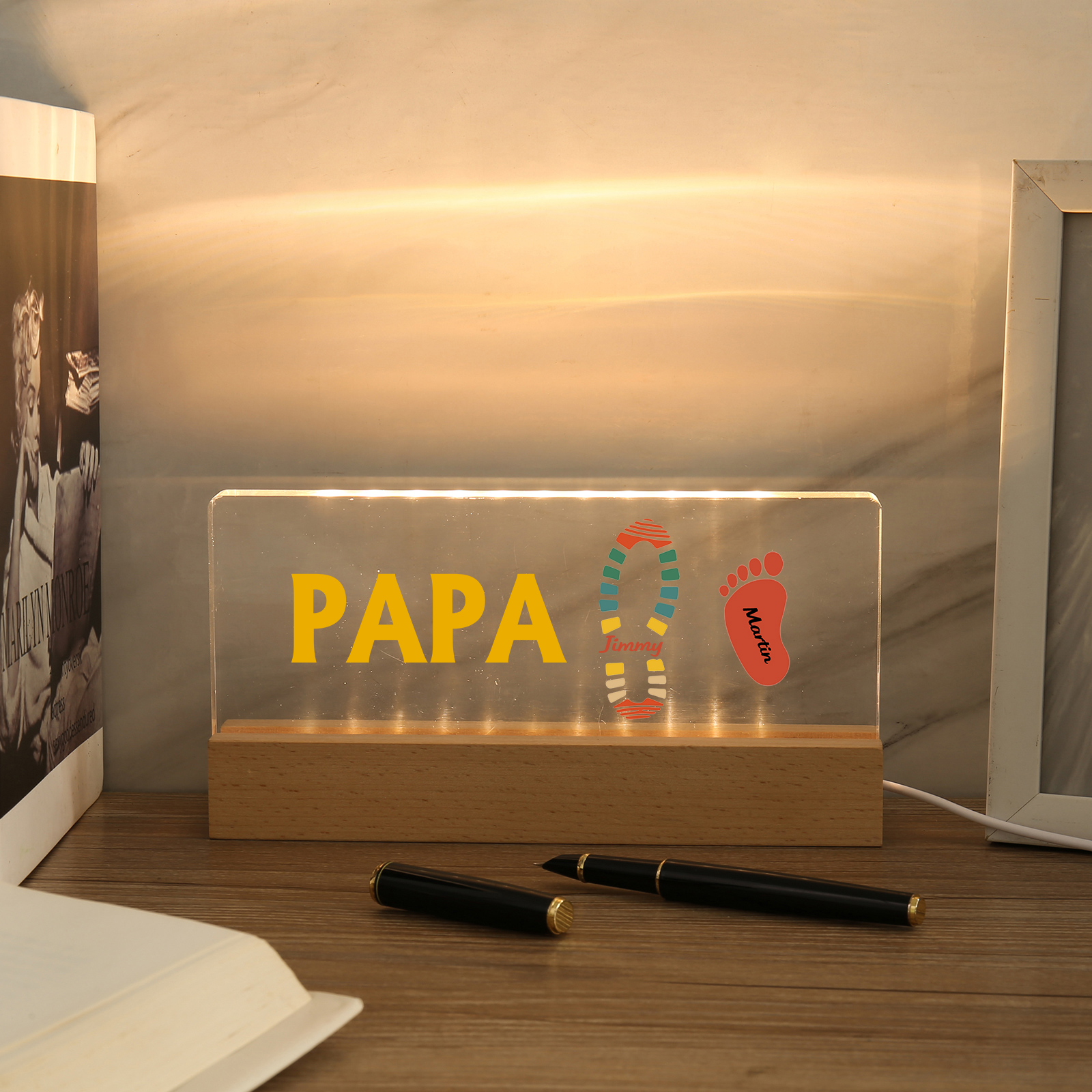 À mon Papa/Papi- Lampe de chevet LED Pieds Bébé 2 Prénoms Personnalisés avec Texte