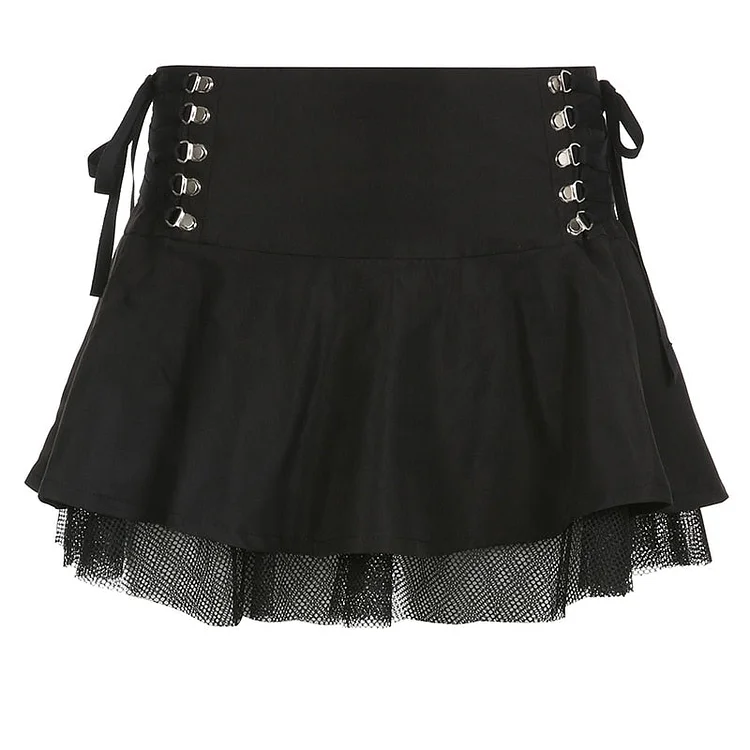 Dark Fishnet Patchwork Pleated Short Skirt
