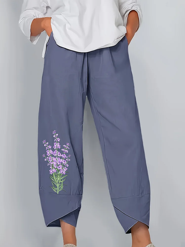 Women's Elegant Special Line Straight-Leg Ankle Pants With Floral Print & Slant Pockets - Non-Stretch Machine-Washable Fabric For All-Season Casual To Formal Wear, Relaxed Outfit Pants, Everyday Fashion, Smooth Texture Pant
