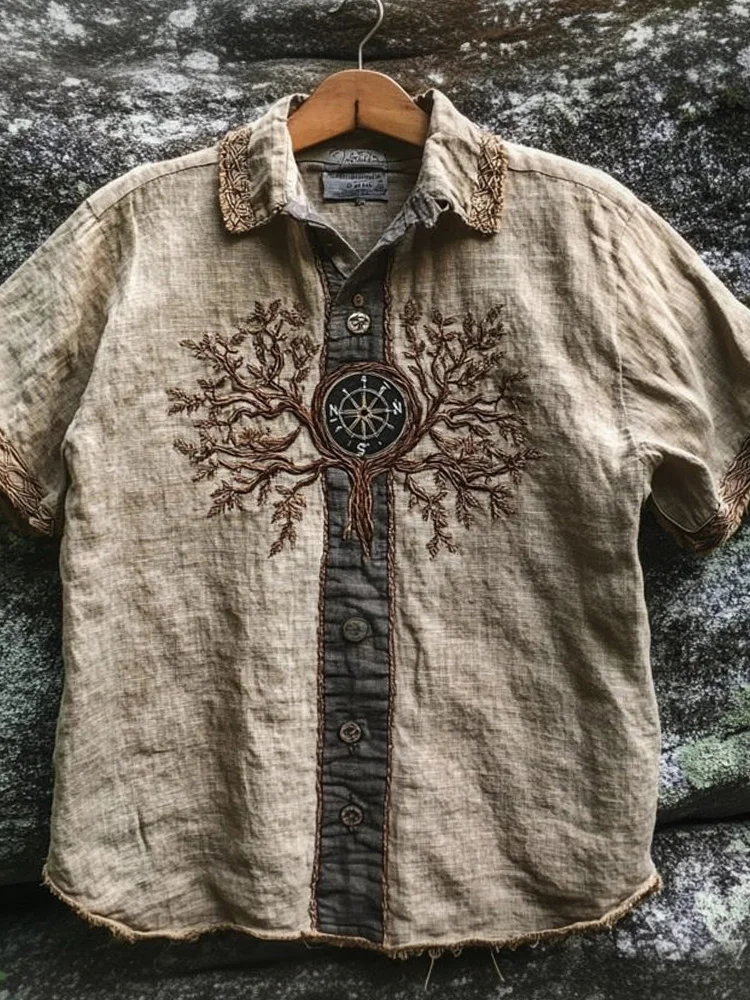 Viking Inspired Tree Of Life Embroidered Linen Shirt