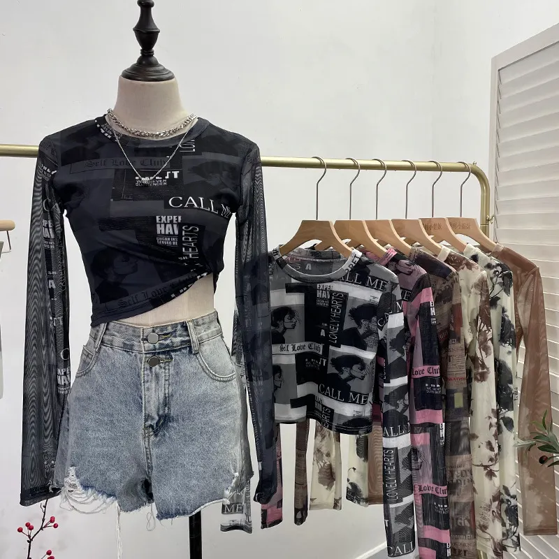 Churchf Real Shooting Front Double-Layer Tie-Dye Printing Mesh Long-Sleeved Top Short High-Waisted T-Shirt T-Shirt 8960
