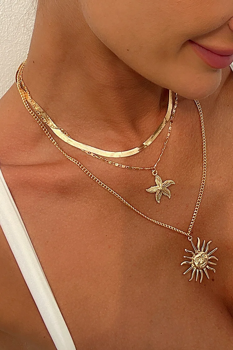 Abstract Sun Starfish Pendants Fashionable Layered Necklace