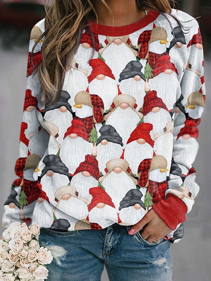 Christmas Gnome Print Long Sleeve Sweatshirt