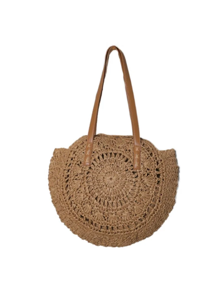 Fashion Women Summer Woven Hollow Round Shoulder Bag Large Handbags (Khaki)