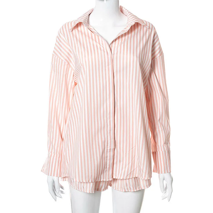 Summer two-piece outfits street casual long sleeve t shirt 2-piece striped shorts and shirt