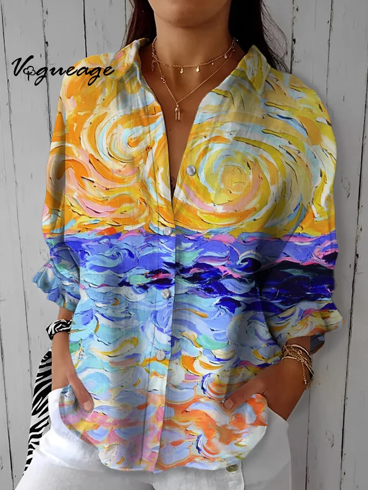 Colorful Oil Painting Ocean Dusk Lantern Sleeves Printed Cotton And Linen Shirt