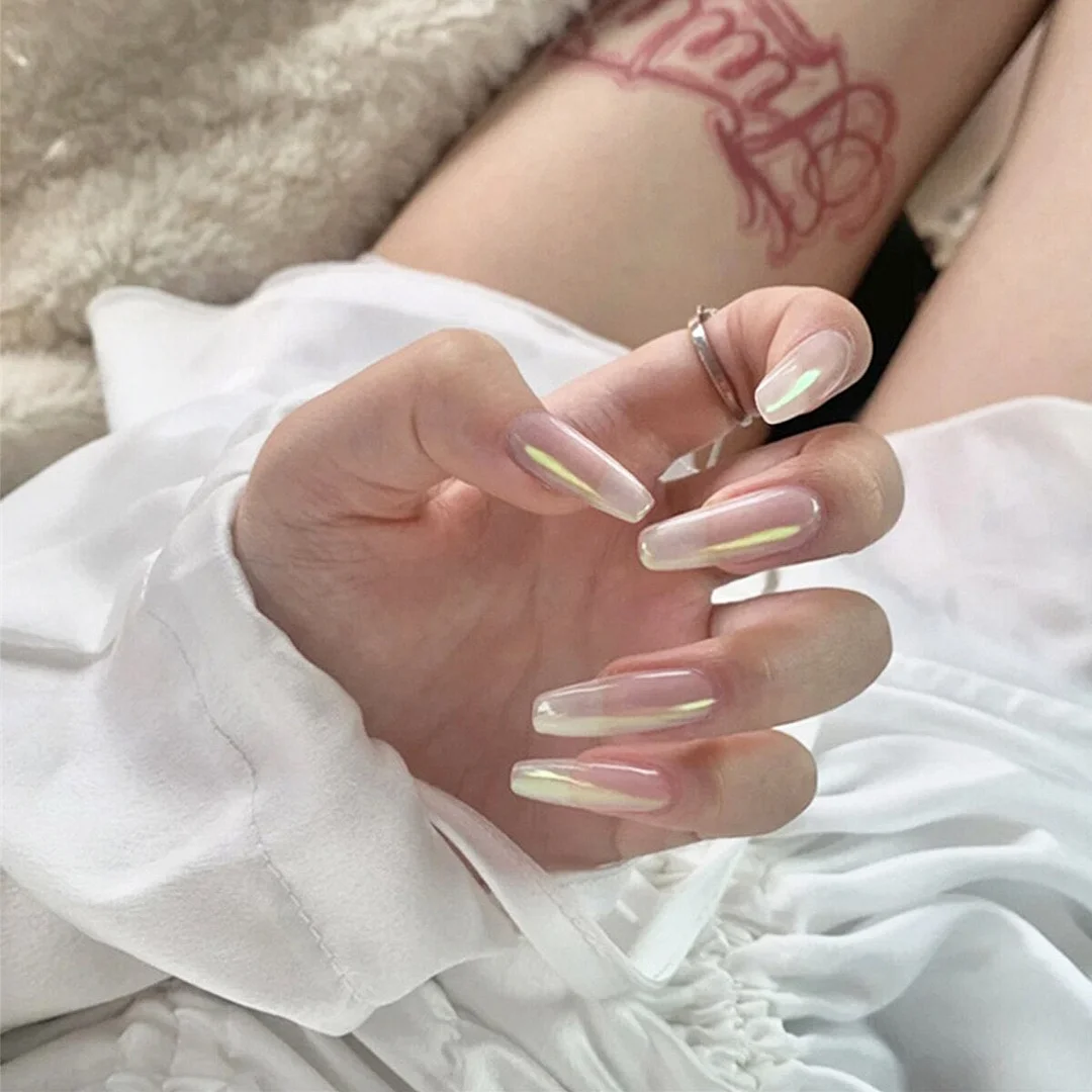 Mermaid Color Auroral Color Shell Fairy Fake Nail Art Wearable False Nails With Glue And Sticker 24pcs/box-Nail Inspo