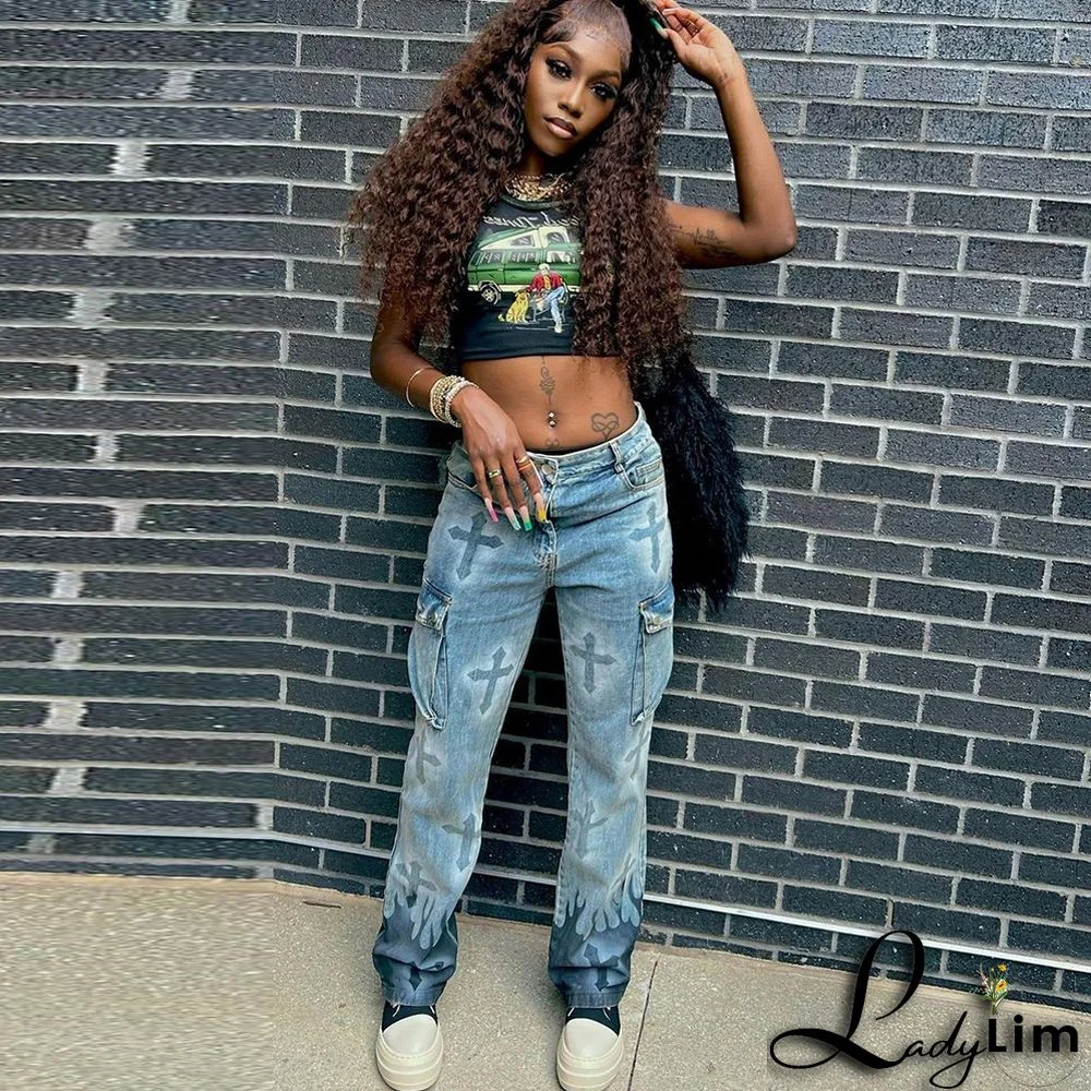 Women Printed Cross Flame Pocket Denim Pants